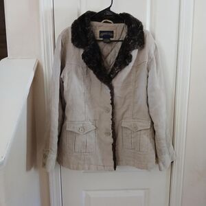 Y2K Vintage Shaver Lake Tan Corduroy Utility Jacket Chore Coat Faux Fur Collar L